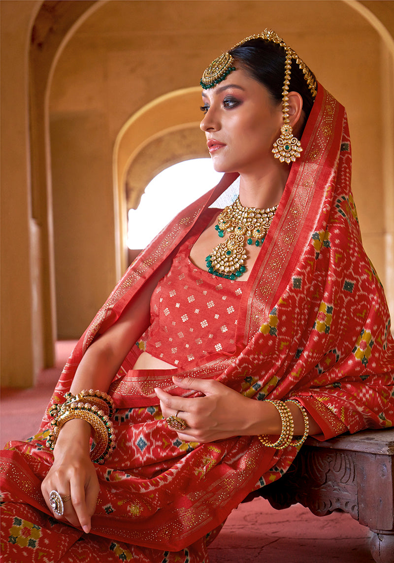 Monjolika Fashion Red Silk Patola Design Saree for Festival