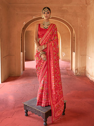 Monjolika Fashion Red Silk Patola Design Saree for Festival