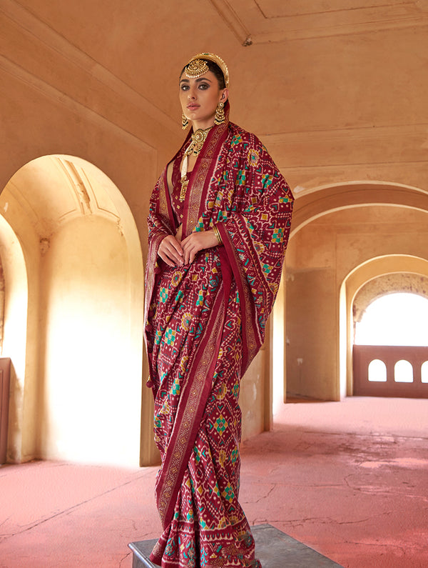 Monjolika Fashion Maroon Silk Patola Design Saree for Festival