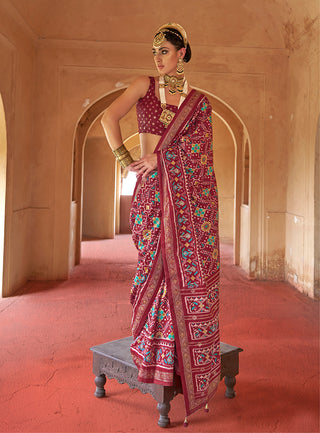 Monjolika Fashion Maroon Silk Patola Design Saree for Festival