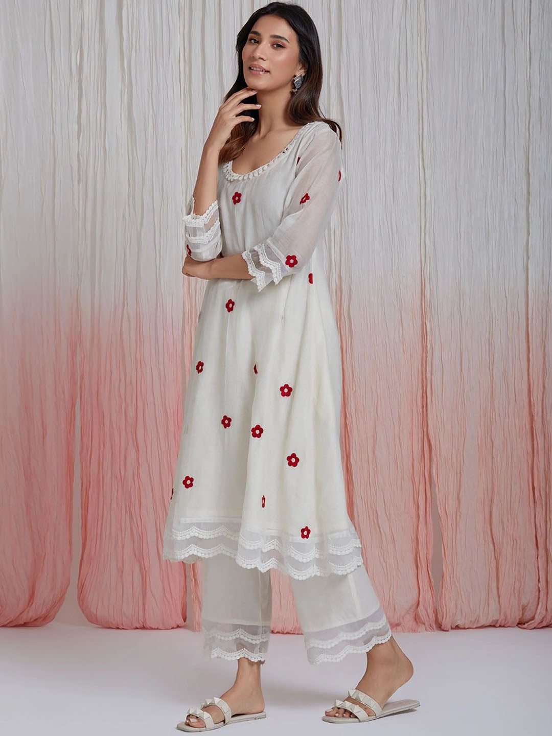 Kalini Floral Embroidered A-Line Thread Work Kurta With Palazzos & Dupatta - Distacart