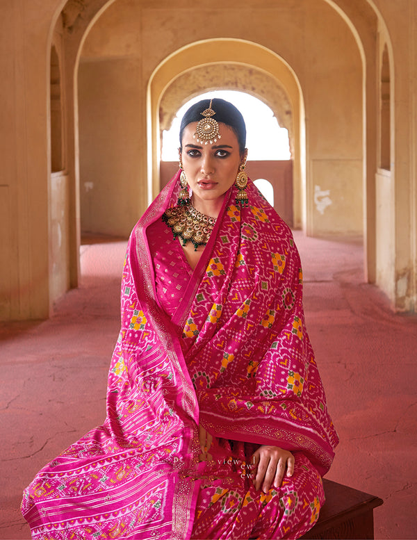 Monjolika Fashion Rani Pink Silk Patola Design Saree for Festival
