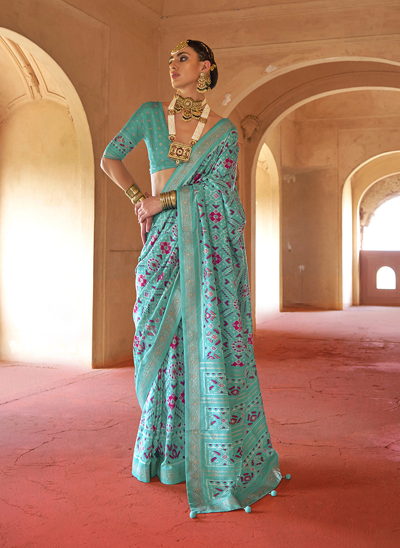Monjolika Fashion Turquoise Silk Patola Design Saree for Festival