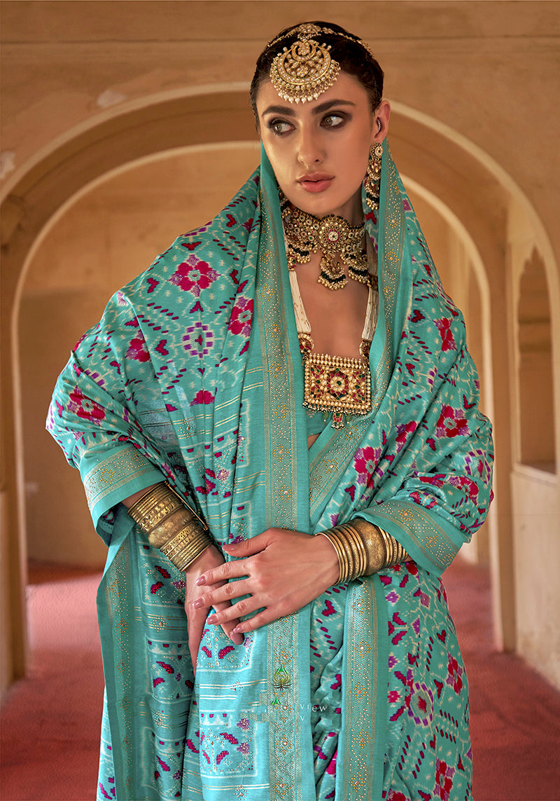 Monjolika Fashion Turquoise Silk Patola Design Saree for Festival