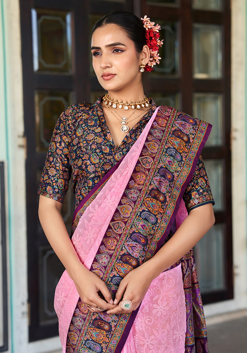 Monjolika Fashion Light Pink Lucknowi Viscose Georgette Saree with Foil Print - Distacart