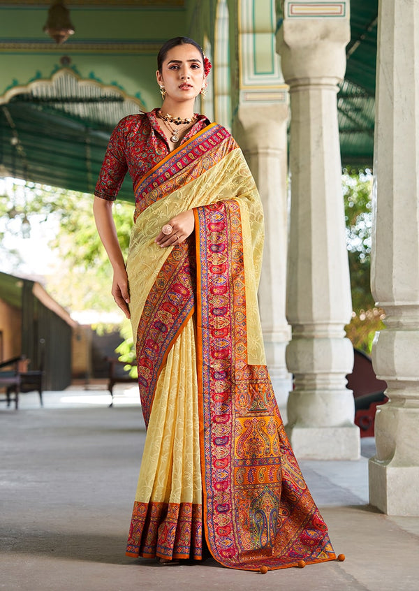 Monjolika Fashion Pastel Yellow Lucknowi Viscose Georgette Saree with Foil Print