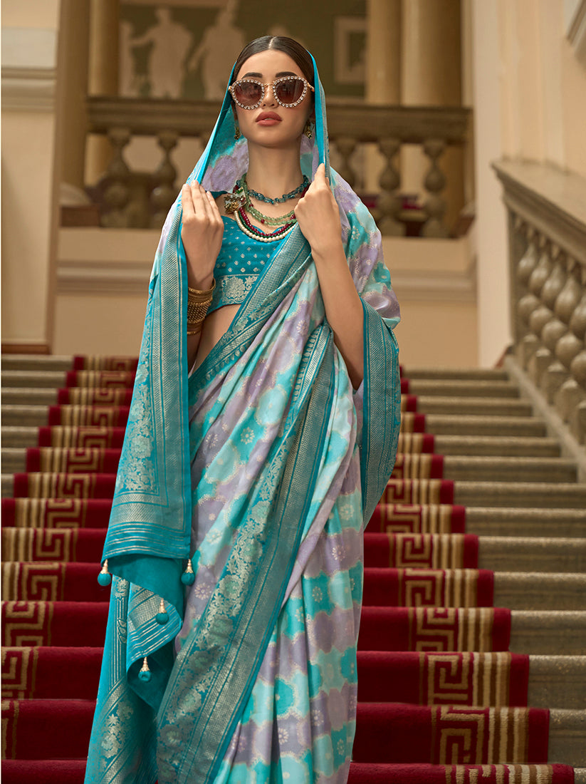 Monjolika Fashion Multi Color Satin Weaving Print Classic Saree