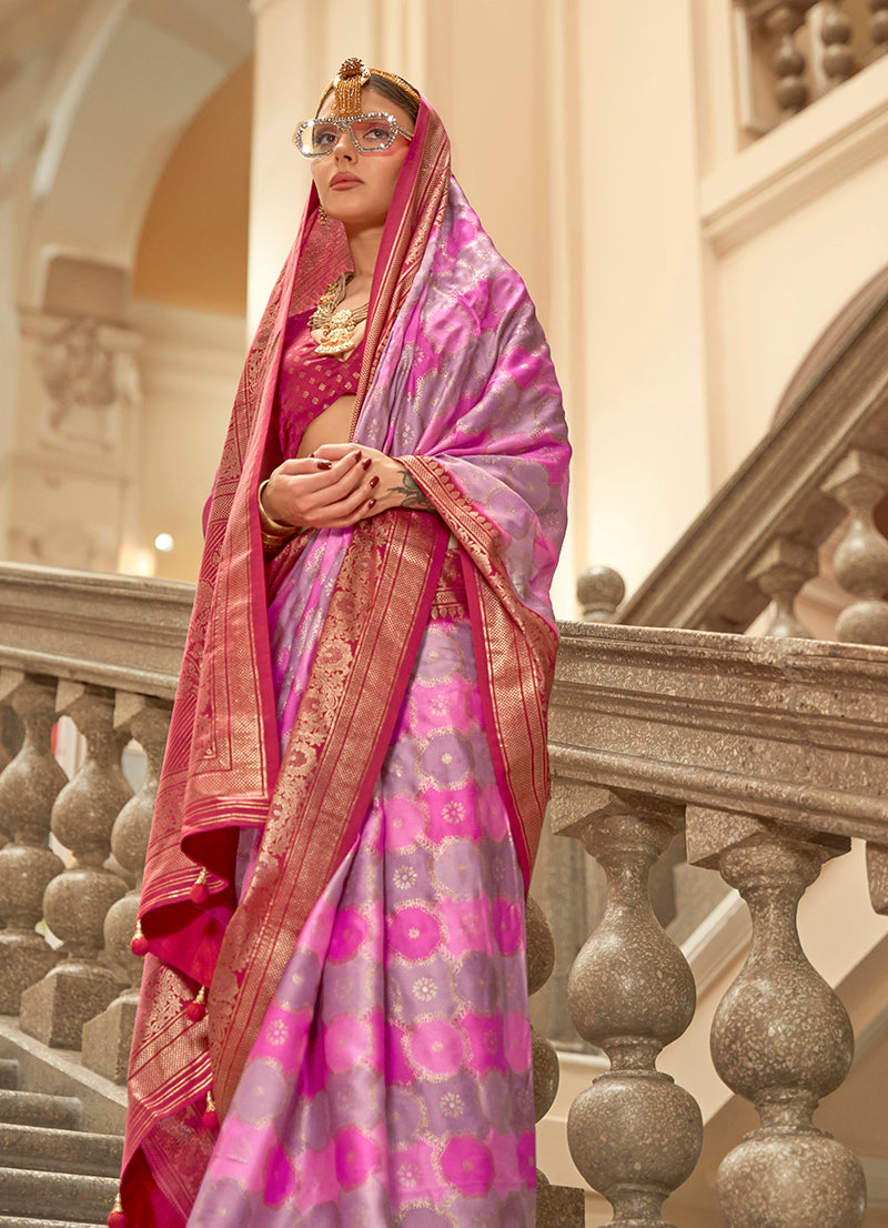 Monjolika Fashion Multi Color Satin Weaving Print Classic Saree