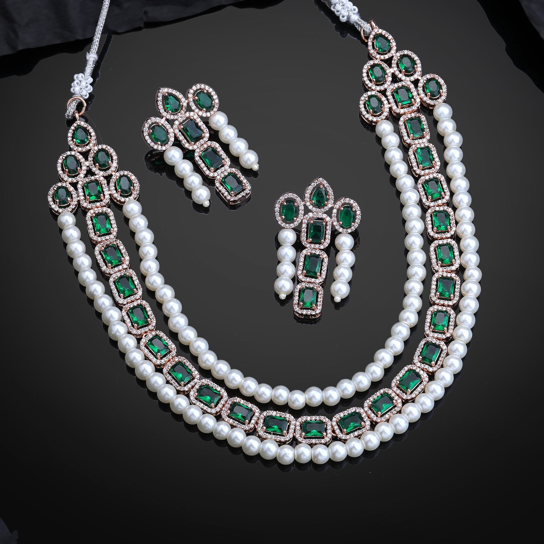 Estele Rose Gold-Polished CZ Captivating Three-Layered Necklace Set with Green Stones & Pearls for Women - Distacart