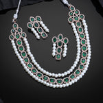 Thumbnail for Estele Rose Gold-Polished CZ Captivating Three-Layered Necklace Set with Green Stones & Pearls for Women - Distacart