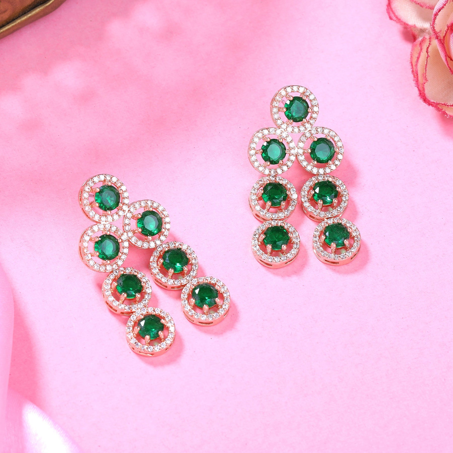 Estele Rose Gold-Polished CZ Splendid Drop & Dangle Earrings with Green Stones for Women - Distacart