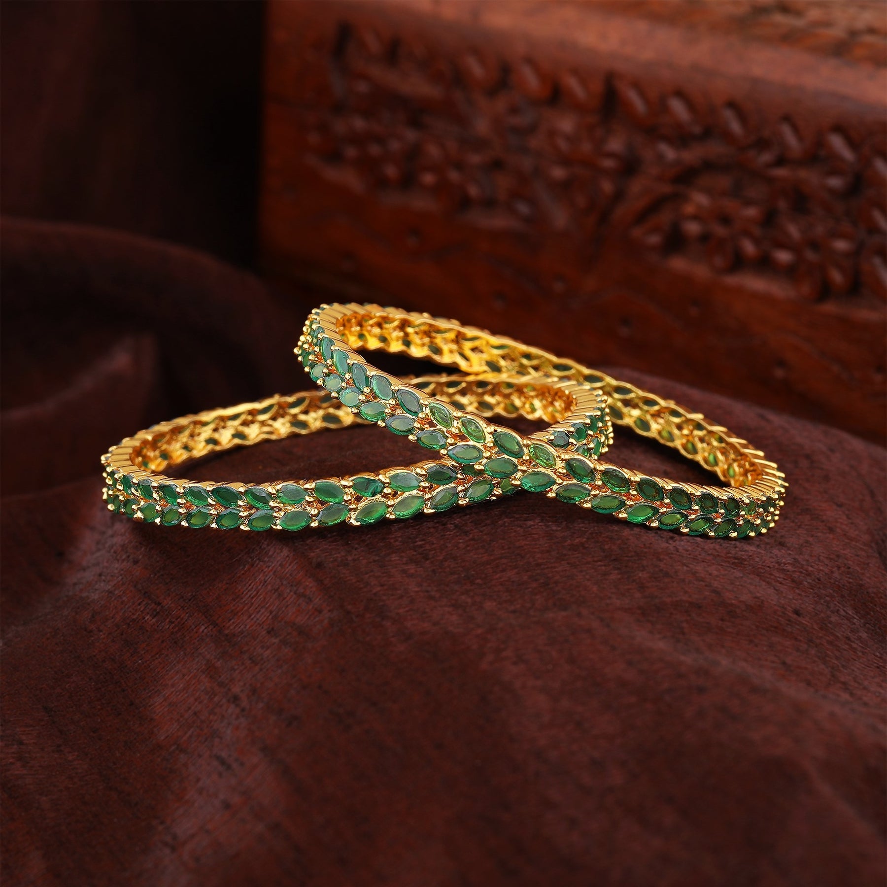 Estele Gold-Polished CZ Marvelous Leafy Designer Bangle with Green Stones for Women - Distacart