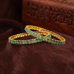 Thumbnail for Estele Gold-Polished CZ Marvelous Leafy Designer Bangle with Green Stones for Women