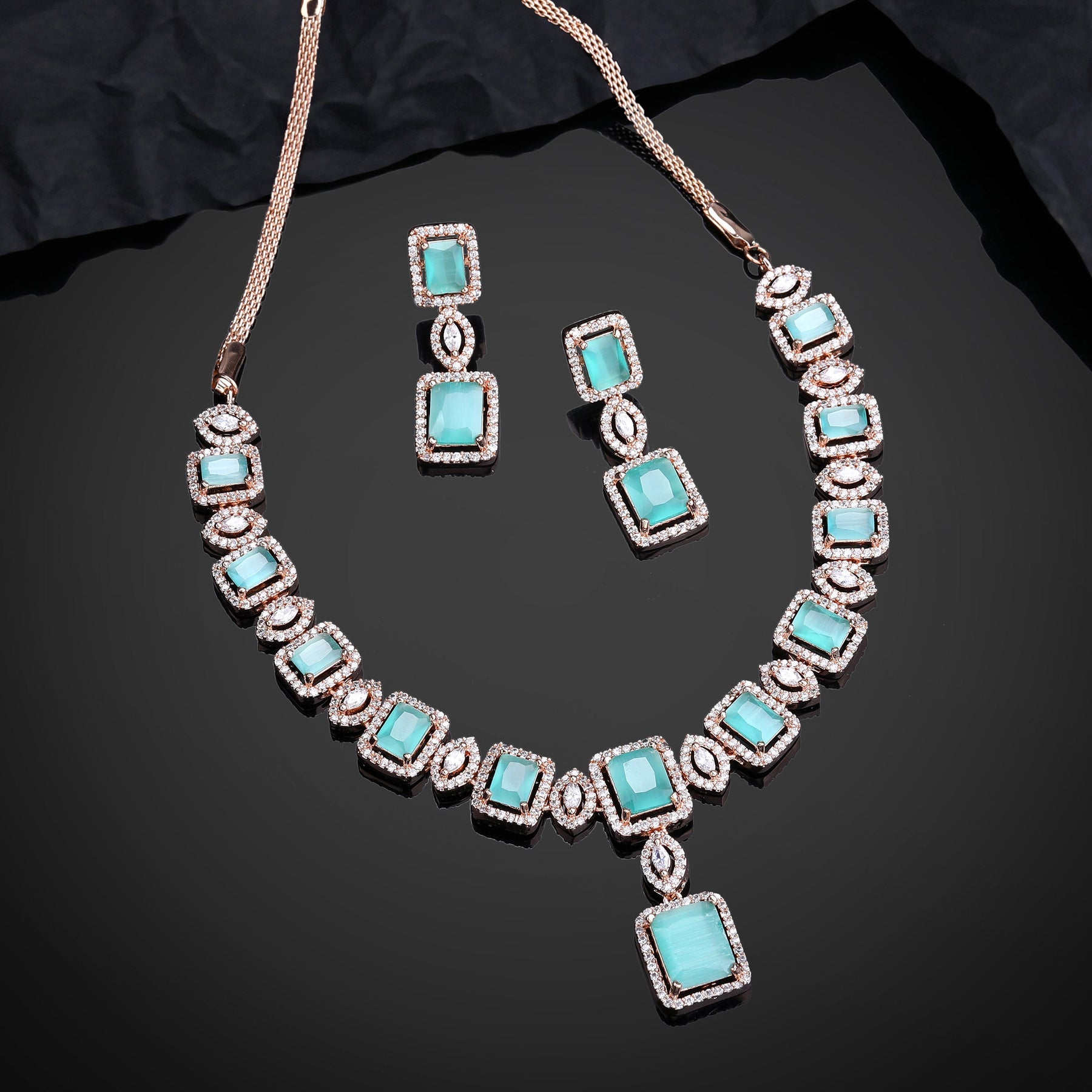 Estele Rose Gold-Polished CZ Shimmering Square Designer Necklace Set with Mint Green Stones for Women - Distacart