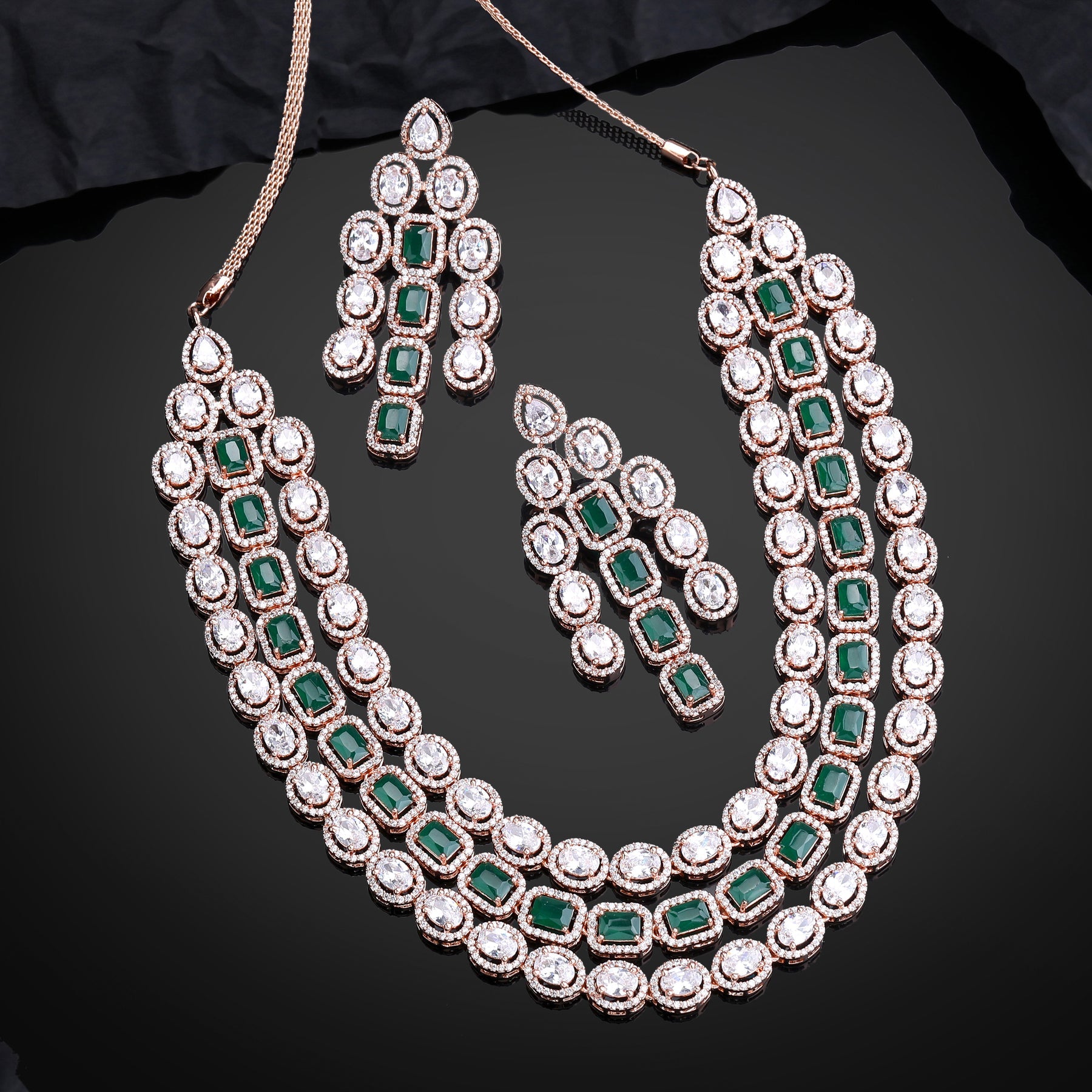 Estele Rose Gold-Polished CZ Spectacular Triple Line Necklace Set with Green Stones for Women - Distacart