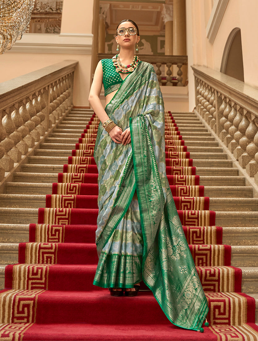 Monjolika Fashion Green Satin Weaving Print Classic Saree