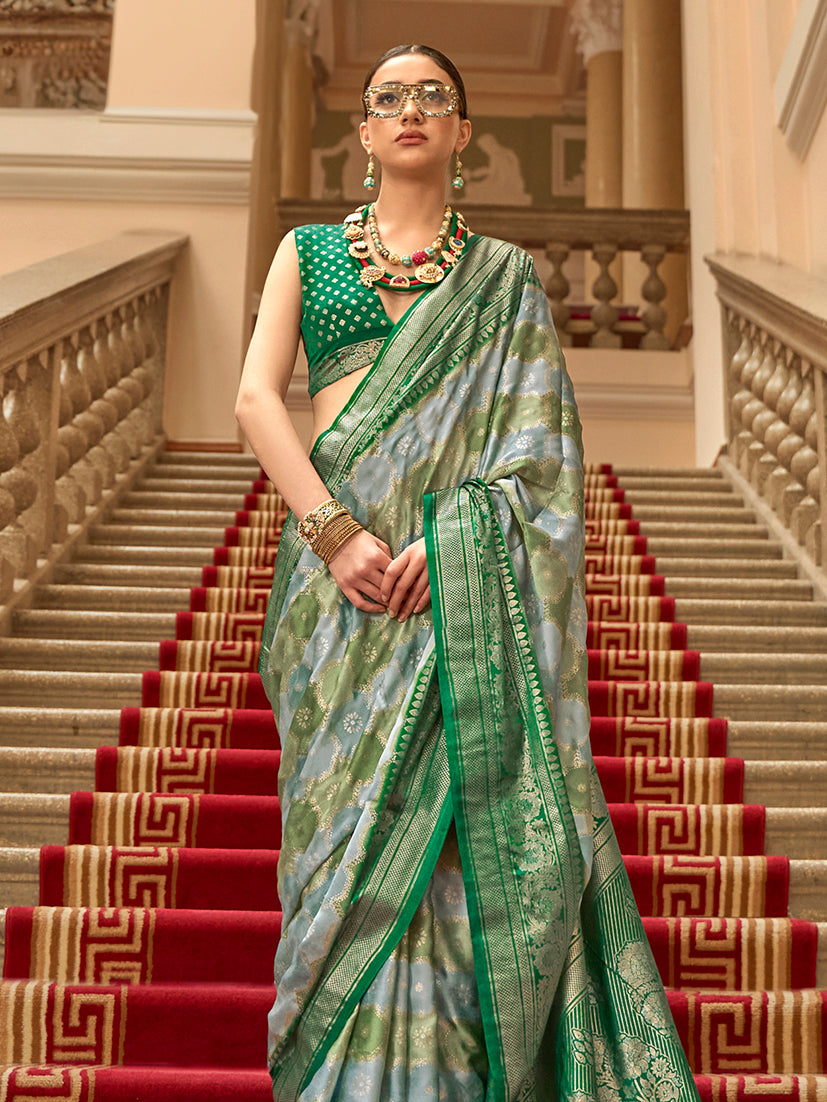 Monjolika Fashion Green Satin Weaving Print Classic Saree