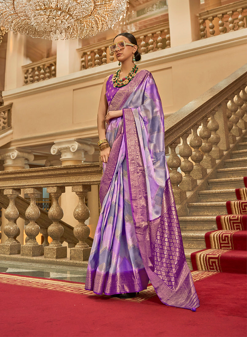 Monjolika Fashion Lavender Satin Weaving Print Classic Saree - Distacart