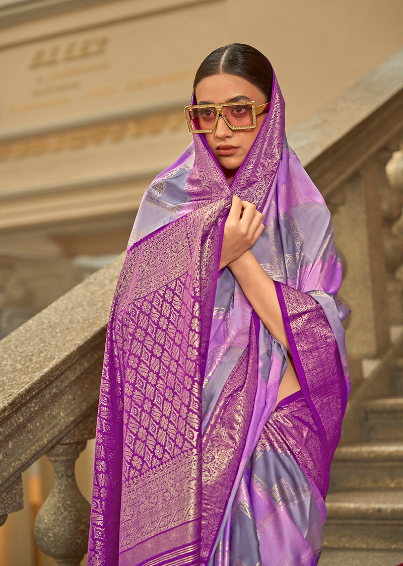 Monjolika Fashion Lavender Satin Weaving Print Classic Saree - Distacart