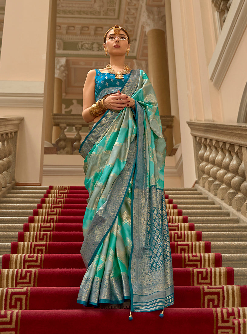 Monjolika Fashion Turquoise Satin Weaving Print Classic Saree