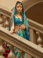 Thumbnail for Monjolika Fashion Turquoise Satin Weaving Print Classic Saree