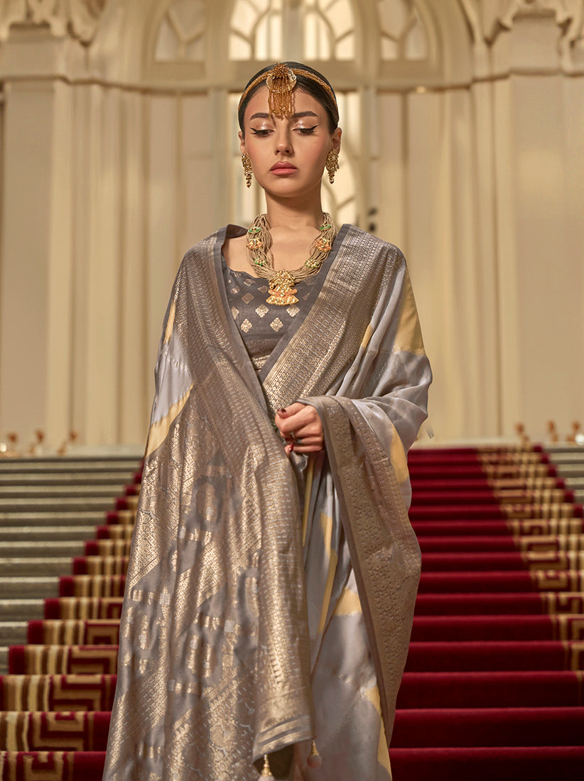 Monjolika Fashion Grey Satin Weaving Print Classic Saree