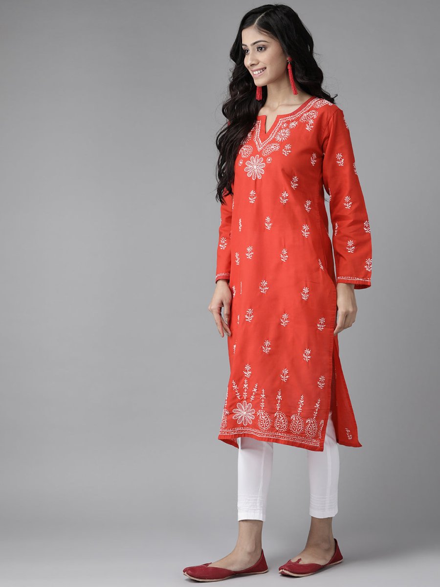ADA Women Red & White Pure Cotton Chikankari Embroidered Handloom Kurta with Solid Trousers - Distacart