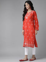 Thumbnail for ADA Women Red & White Pure Cotton Chikankari Embroidered Handloom Kurta with Solid Trousers - Distacart