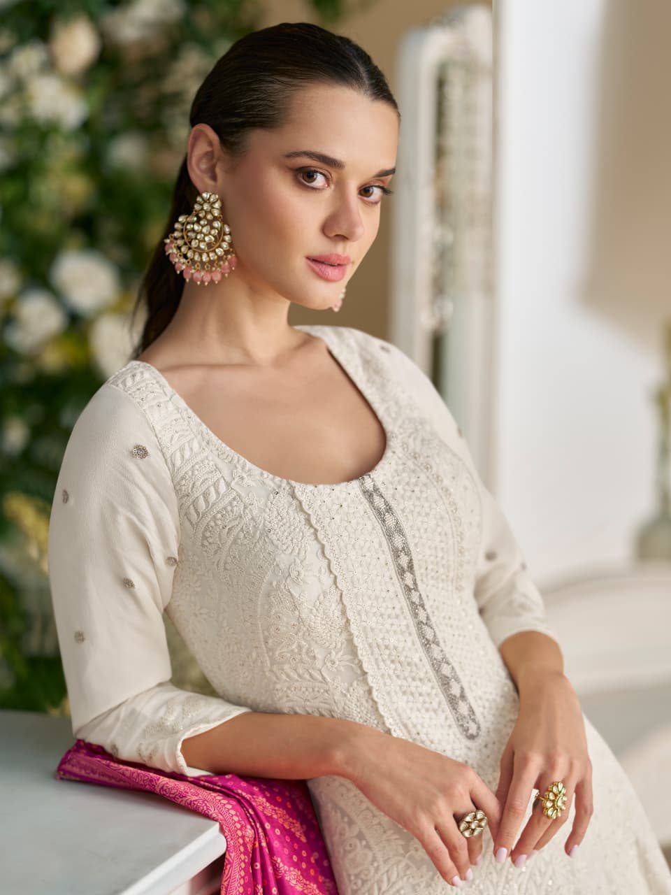 Anaita White Georgette Stitched Anarkali Suit with Embroidery & Sequence Work - Dista