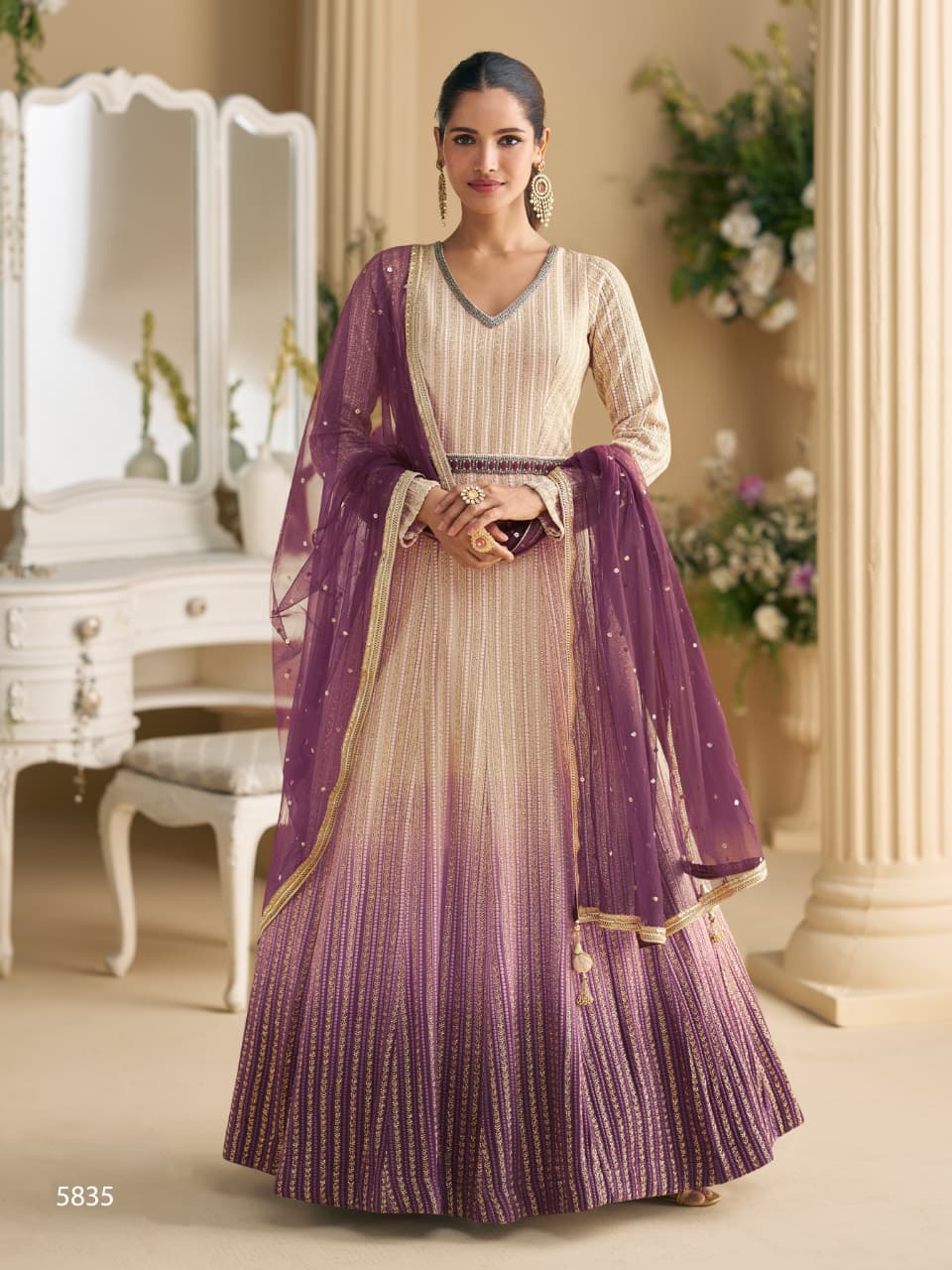 Anaita Cream Georgette Stitched Anarkali Suit with Embroidery & Sequence Work - Dista