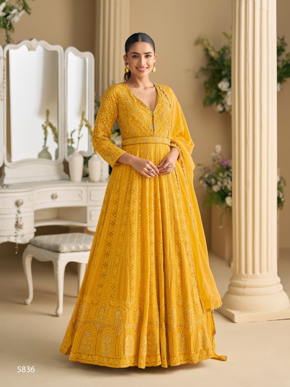 Anaita Yellow Georgette Stitched Anarkali Suit with Embroidery & Sequence Work - Dista