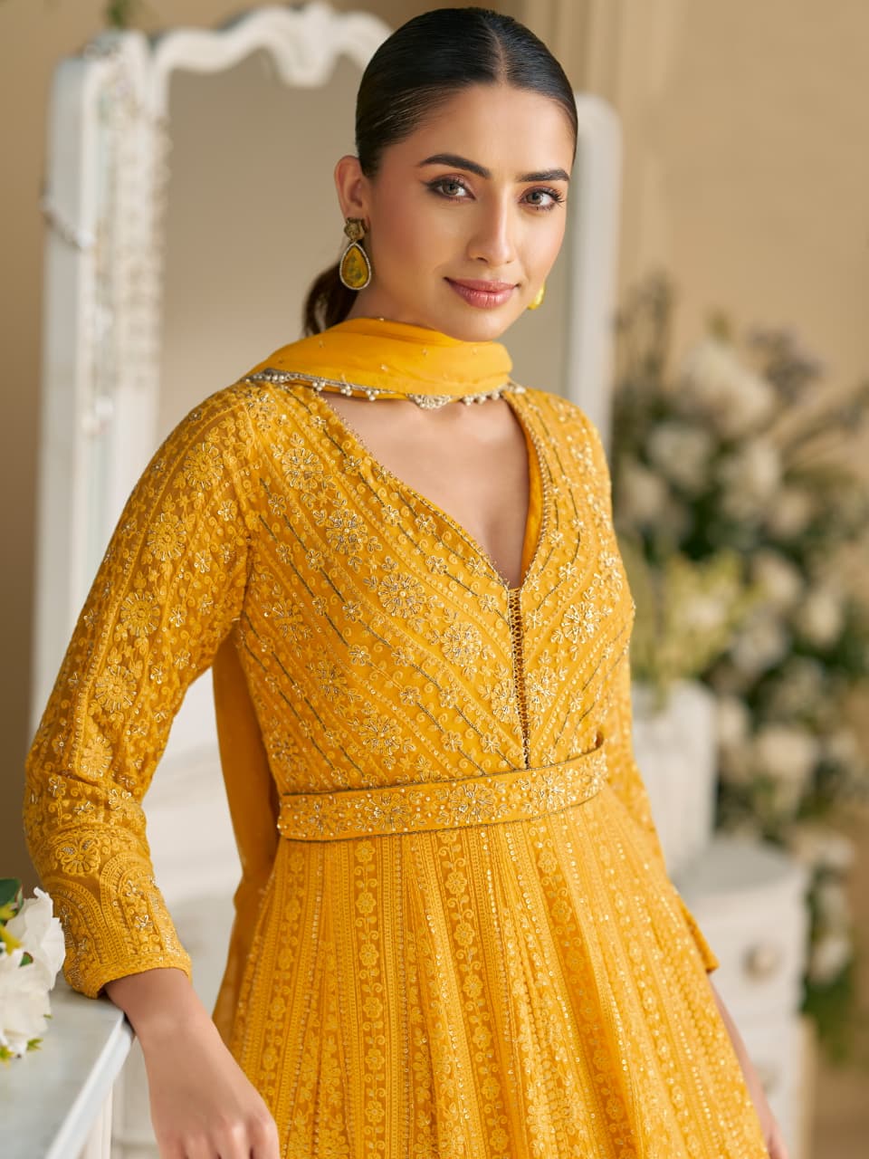 Anaita Yellow Georgette Stitched Anarkali Suit with Embroidery & Sequence Work - Dista