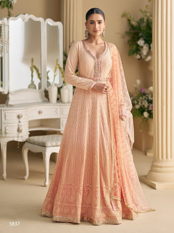 Anaita Peach Georgette Stitched Anarkali Suit with Embroidery & Sequence Work - Dista