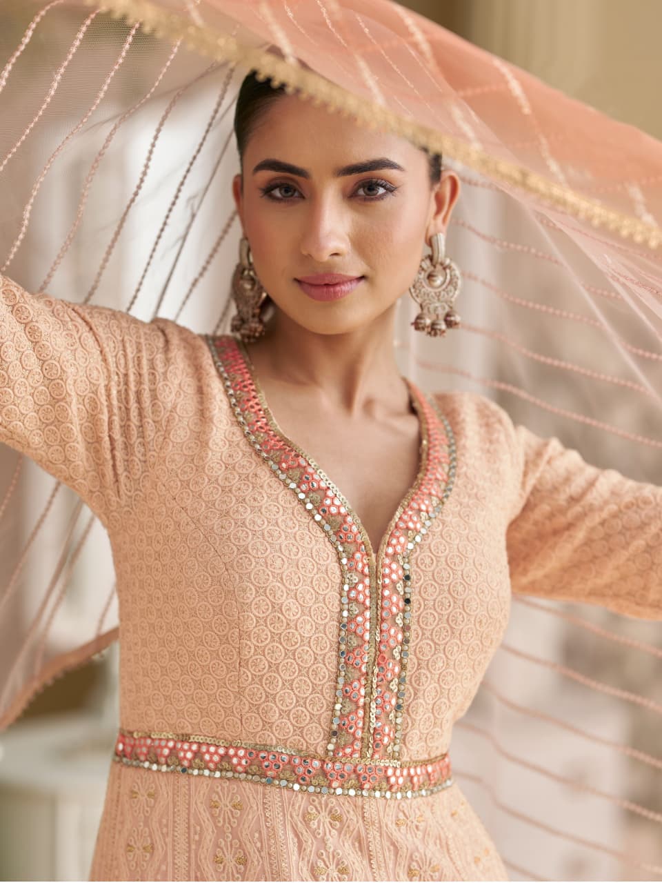 Anaita Peach Georgette Stitched Anarkali Suit with Embroidery & Sequence Work - Dista