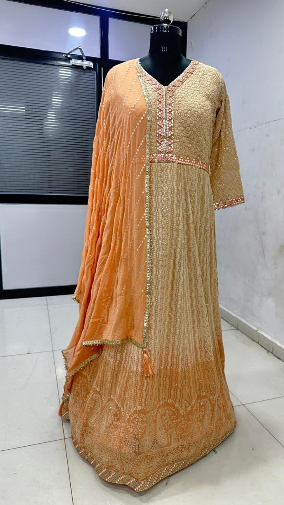 Anaita Peach Georgette Stitched Anarkali Suit with Embroidery & Sequence Work - Dista
