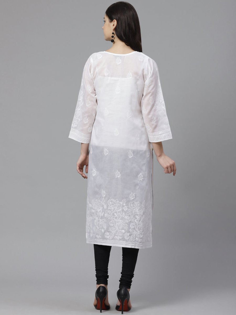 ADA Women White & Black Chikankari Embroidered Semi-Sheer Sustainable Handloom Kurta with Churidar - Distacart