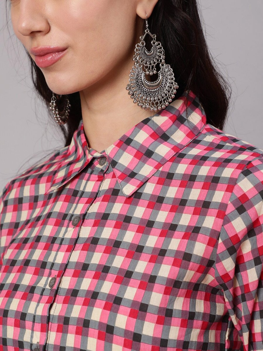 Aks Women Checked Shirt Collar Pure Cotton Kurta With Trousers - Distacart