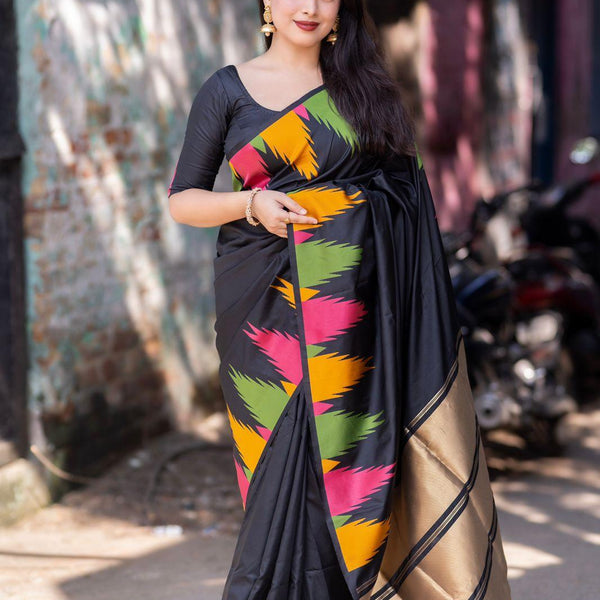 Black Polycotton Woven Design Saree with Unstitched Blouse - A2M - Distacart