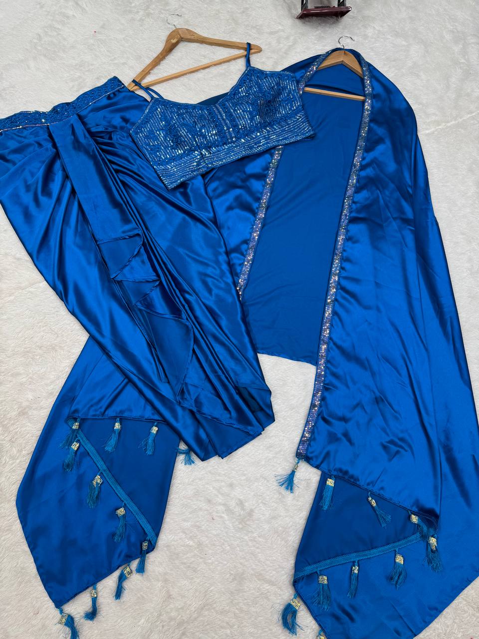 Prazu Fashion Blue Satin Silk Thread Sequence Western Dhoti With Strug - Distacart