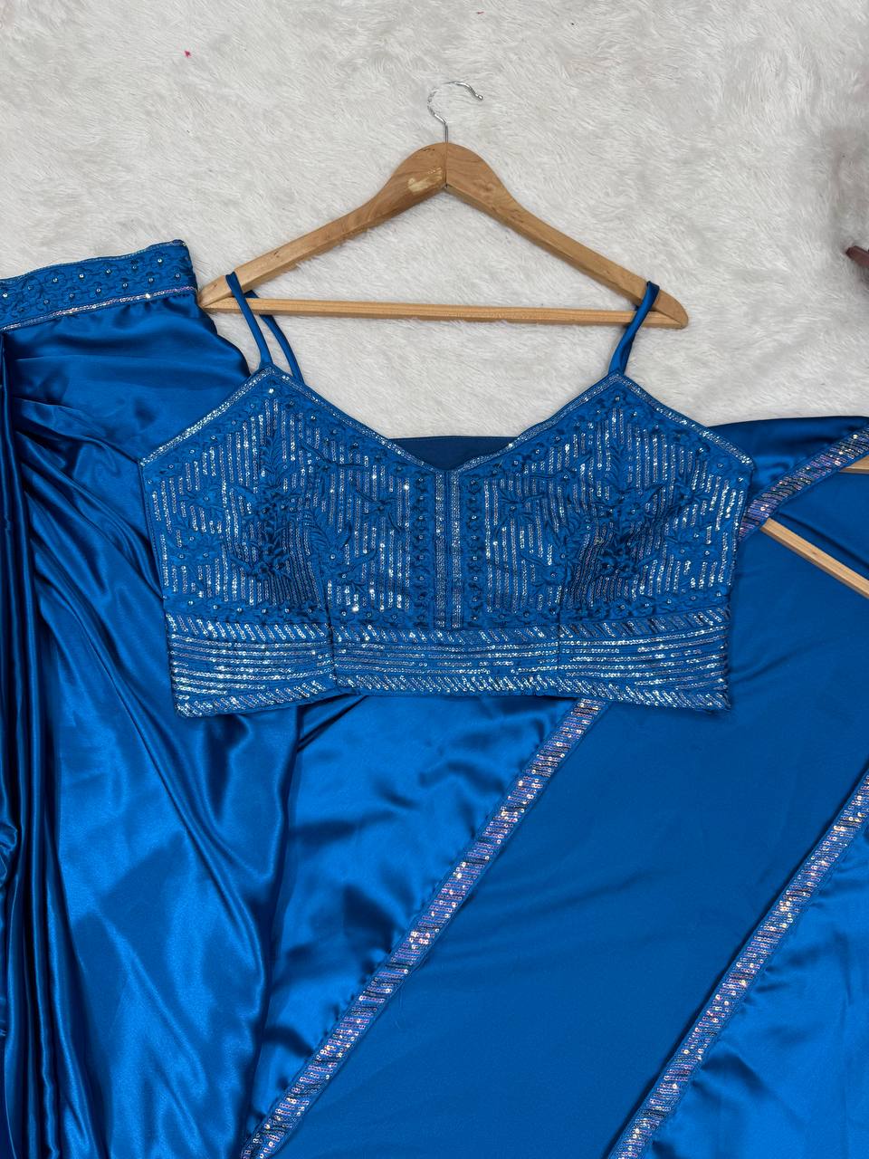 Prazu Fashion Blue Satin Silk Thread Sequence Western Dhoti With Strug