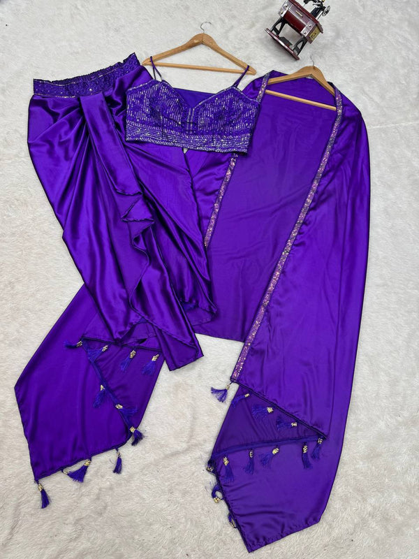 Prazu Fashion Violet Satin Silk Thread Sequence Western Dhoti With Strug