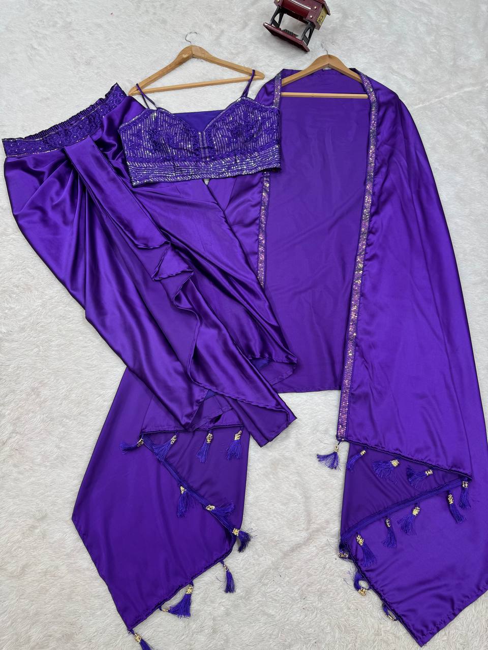 Prazu Fashion Violet Satin Silk Thread Sequence Western Dhoti With Strug