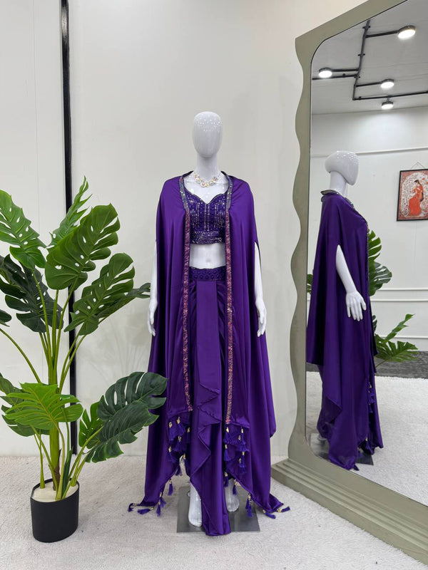 Prazu Fashion Violet Satin Silk Thread Sequence Western Dhoti With Strug