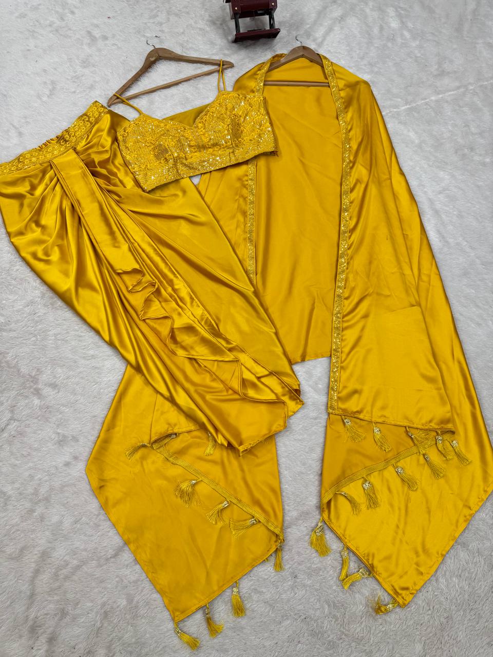 Prazu Fashion Yellow Satin Silk Thread Sequence Western Dhoti With Strug
