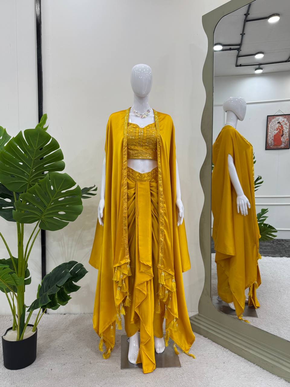 Prazu Fashion Yellow Satin Silk Thread Sequence Western Dhoti With Strug