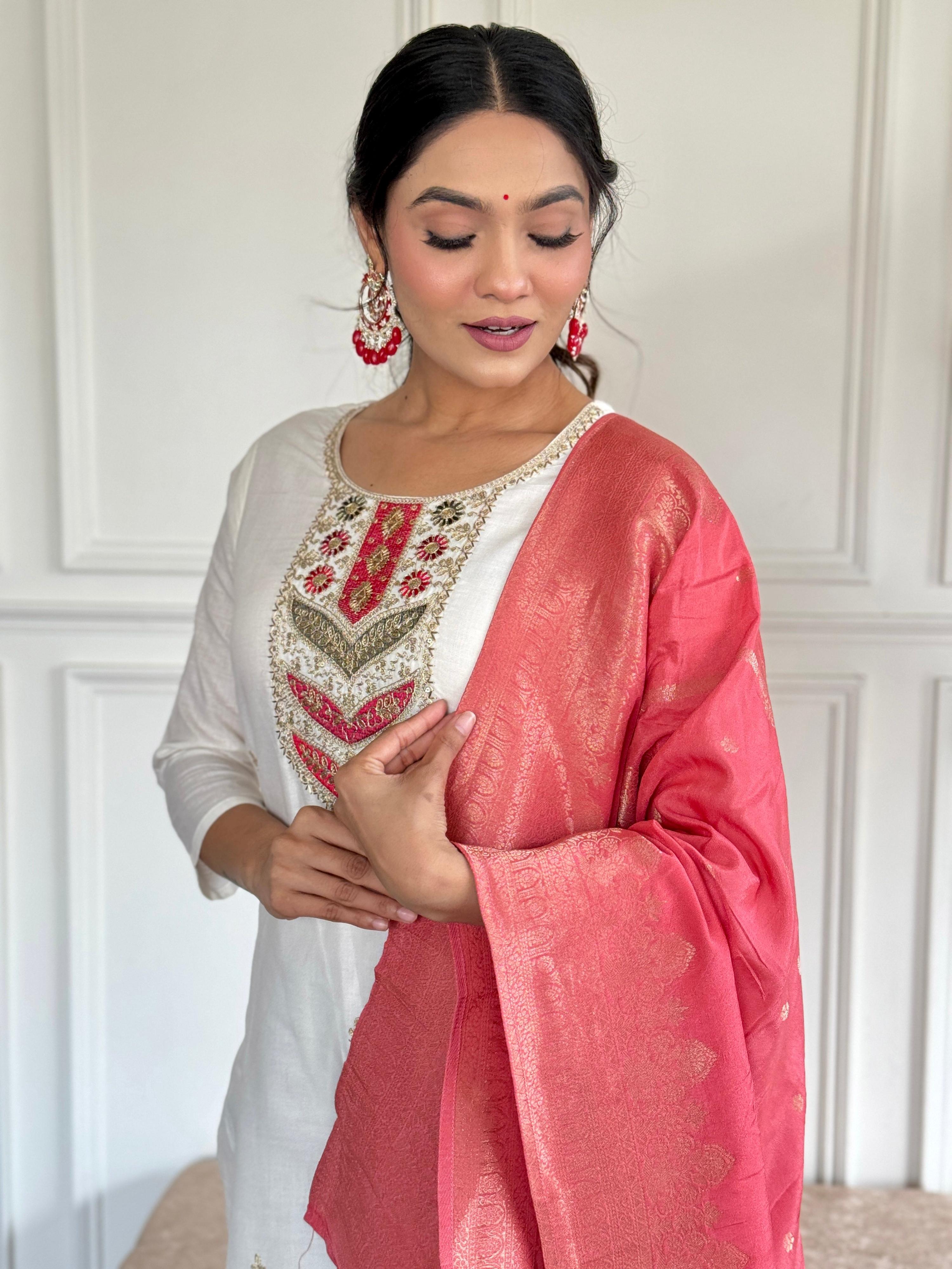 The52 Embroidered Viscose blend Fabric Straight Kurta, Pant and Dupatta Set