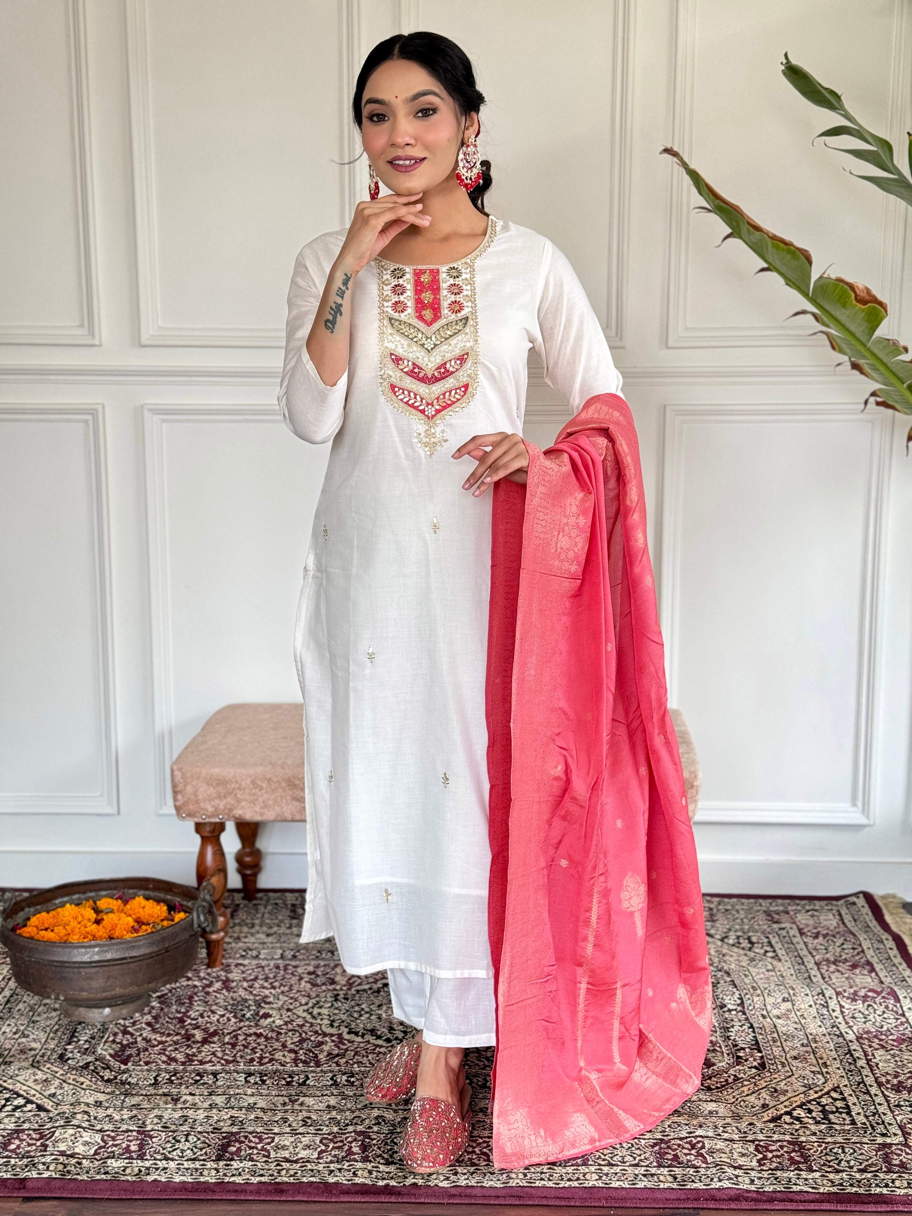 The52 Embroidered Viscose blend Fabric Straight Kurta, Pant and Dupatta Set