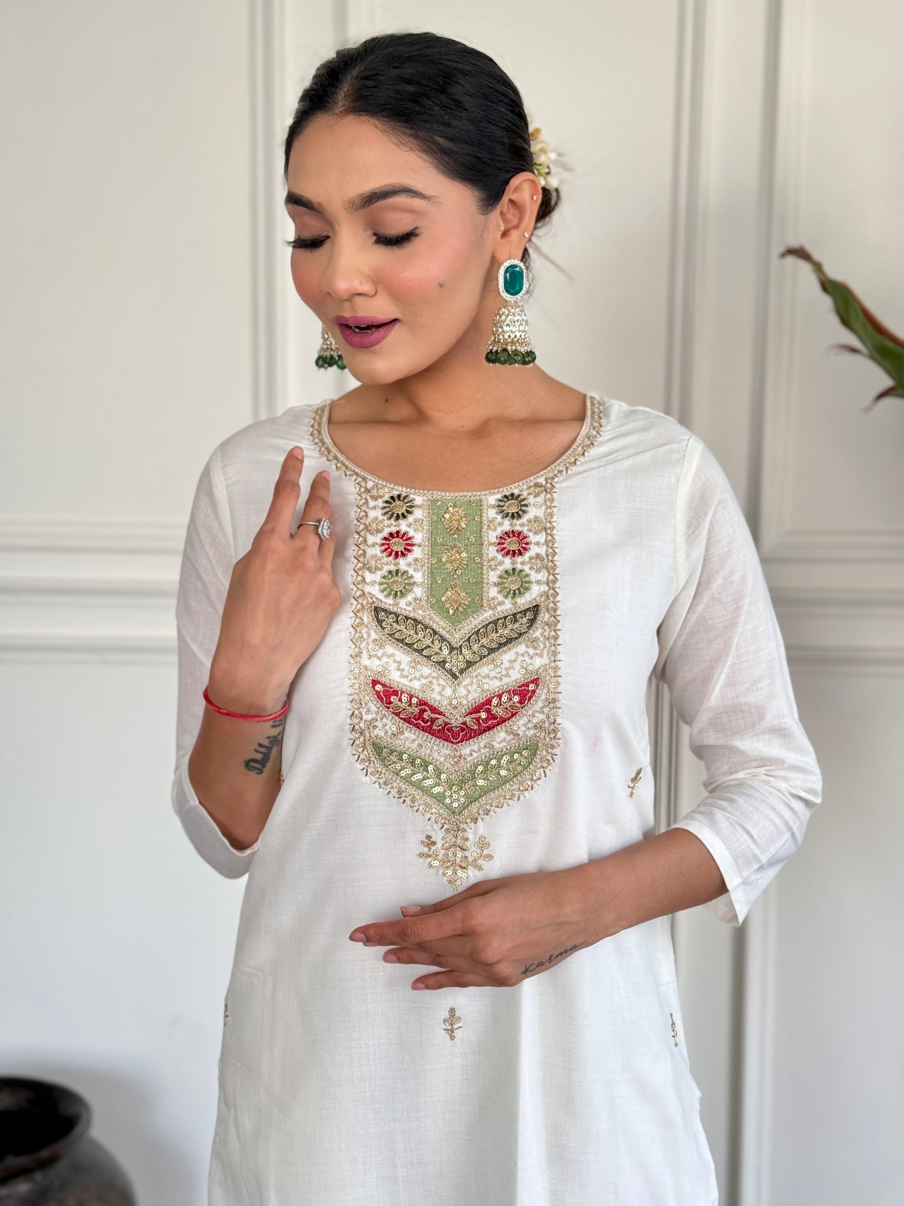 The52 Embroidered Viscose blend Fabric Straight Kurta, Pant and Dupatta Set