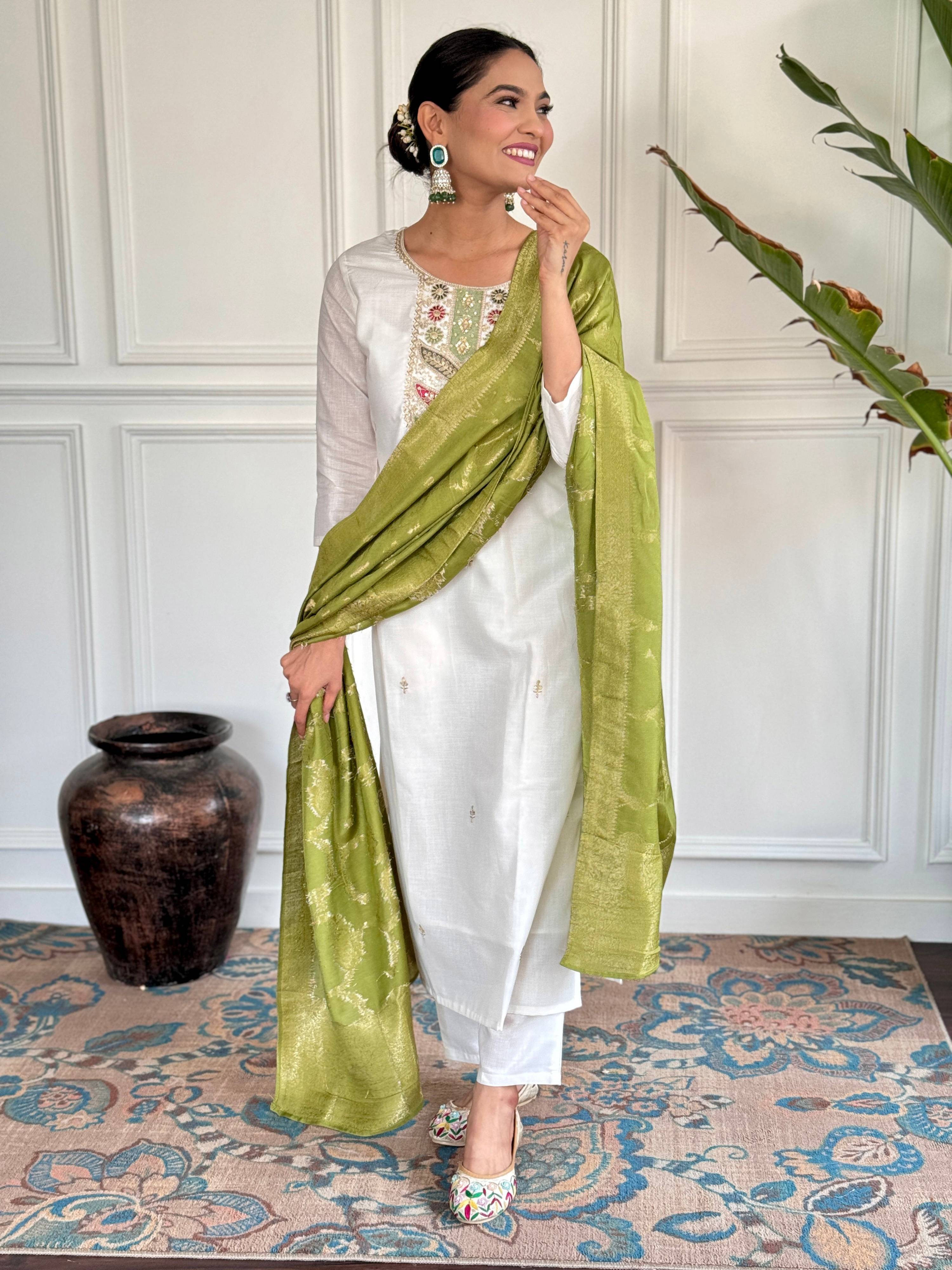 The52 Embroidered Viscose blend Fabric Straight Kurta, Pant and Dupatta Set