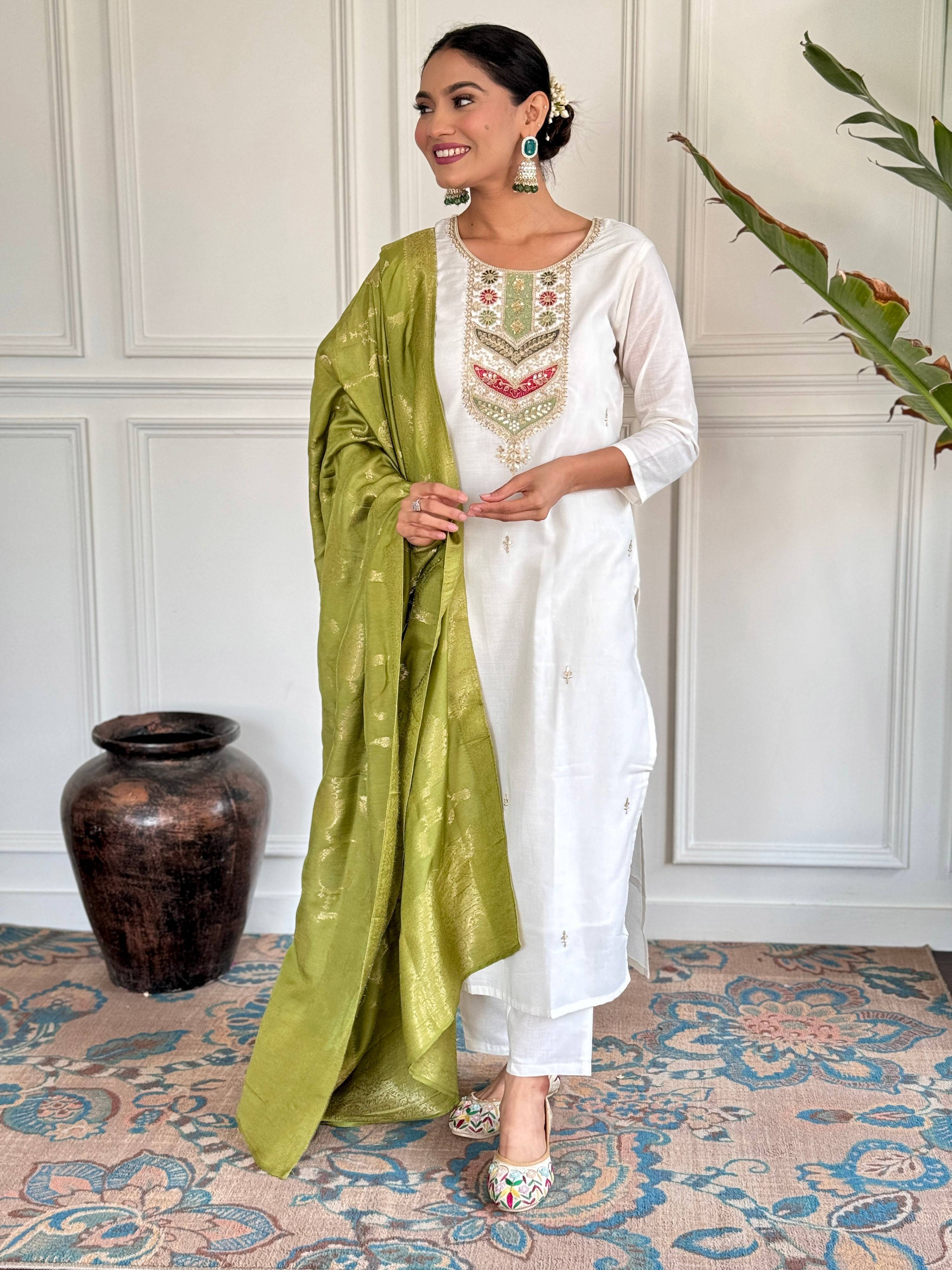 The52 Embroidered Viscose blend Fabric Straight Kurta, Pant and Dupatta Set